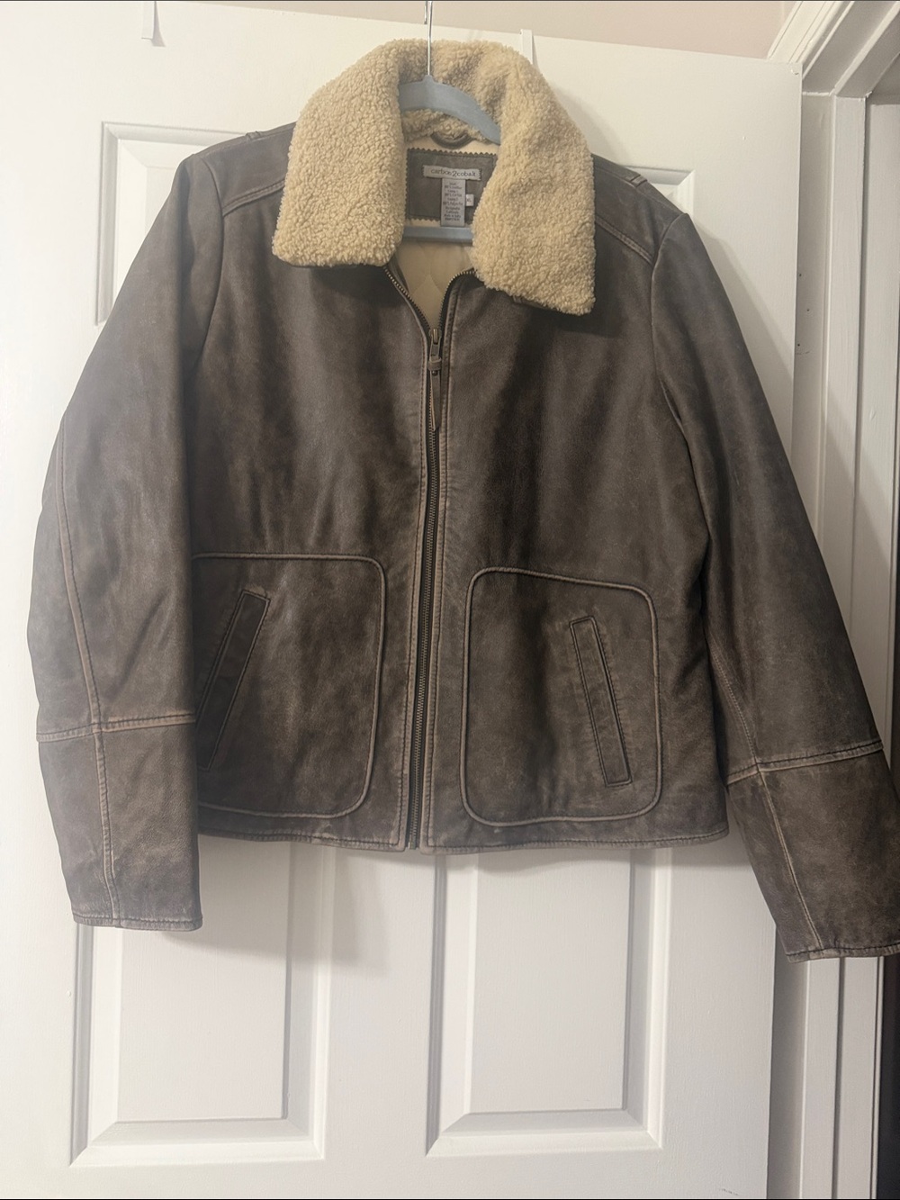 Carbon2colbalt Brown leather Shearling Collar Bomber Jacket